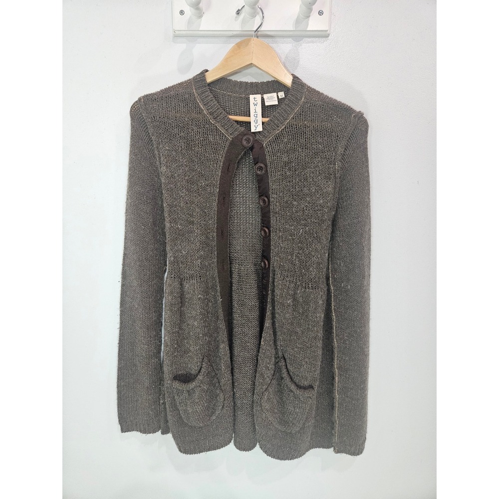 Twiggy Brown Wool Blend Open Weave Babydoll Button Front Cardigan Sweater M